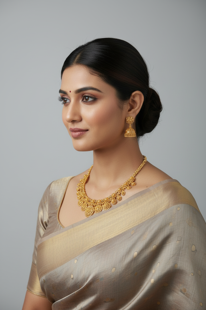 Gold necklace and earrings set on a black velvet stand against a light gray background